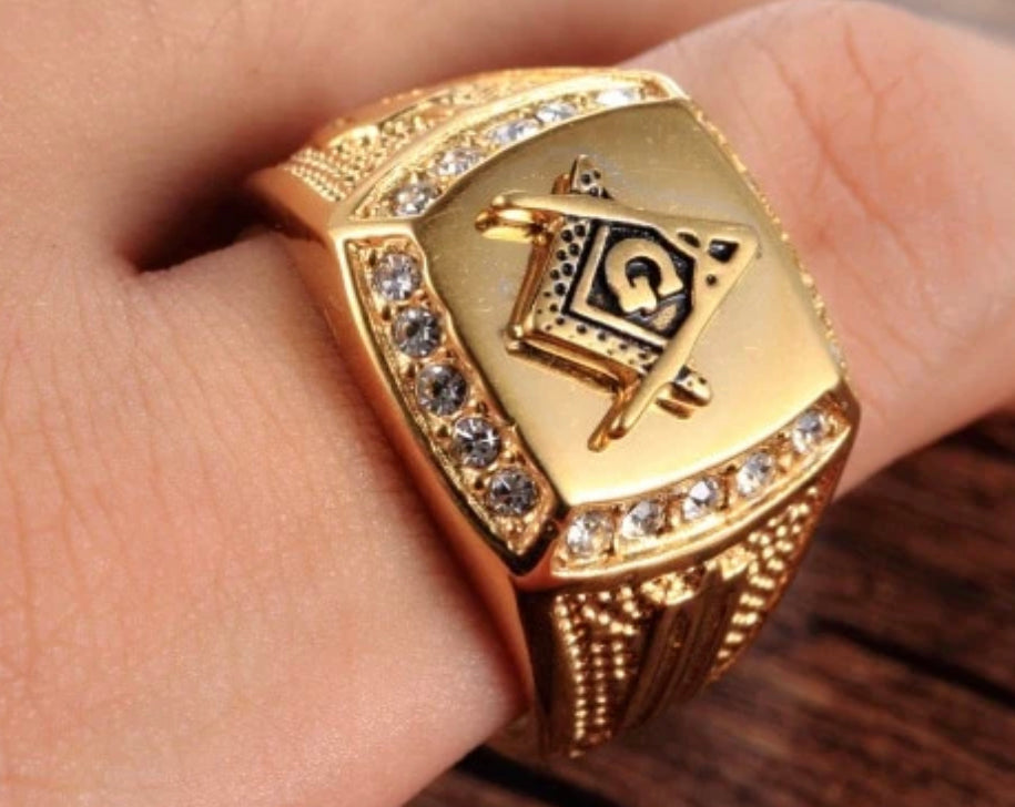Stainless Steel Gold Color Square and Compasses Masonic Ring