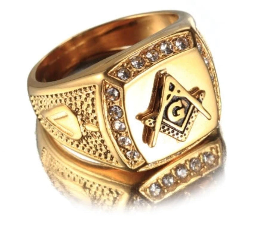Stainless Steel Gold Color Square and Compasses Masonic Ring